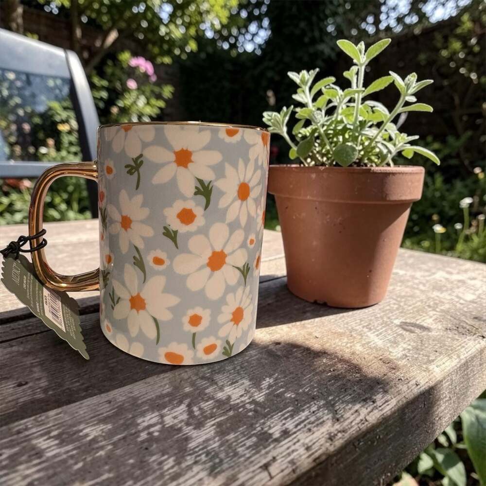 Medici 20oz Gold Handle Blue Daisy Floral Stoneware Mug